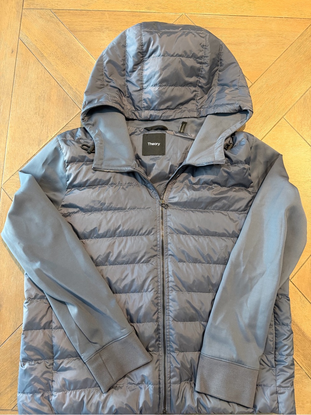 NWOT $395 THEORY *COMBO PUFFER*Down Jacket 90% Down Coat Jacket Grey Tech Large